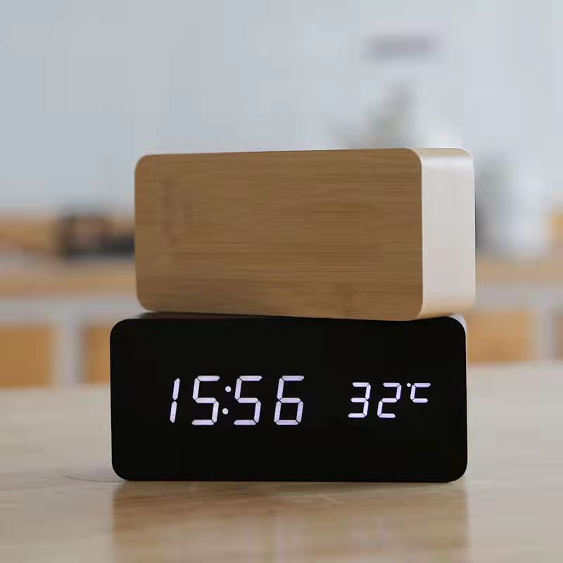 Multicolor Sound Control Wooden Wood Square LED Alarm